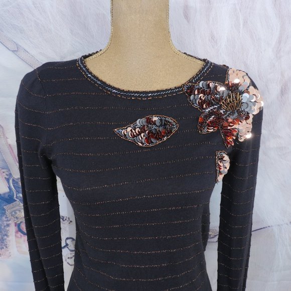 Marc By Marc Jacobs Black Bronze Stripe Sequin Floral Fitted Size XS Sweater - Picture 3 of 10